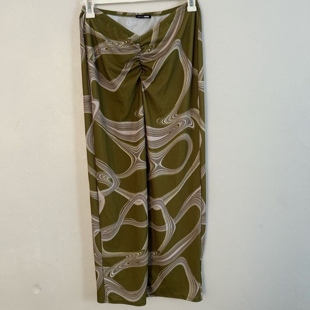 Olive Green Abstract Swirl Print Wide Leg Pants Flowy Palazzo Trousers XL